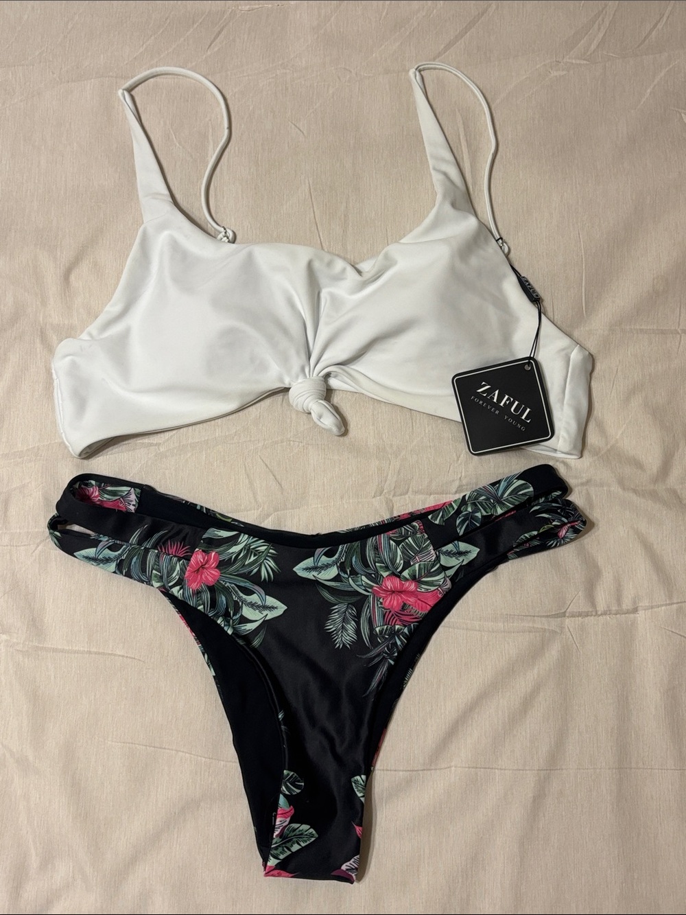 Zaful White Knot Bikini Top with Black Tropical Floral Bottoms
